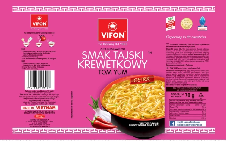 VIFON Zupa Błyskawiczna Smak TAJSKI KREWETKOWY Ostra 70g